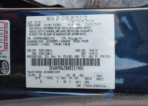 2008 Ford Fusion S z USA, uszkodzony, nr VIN 3FAHP06Z88R217401